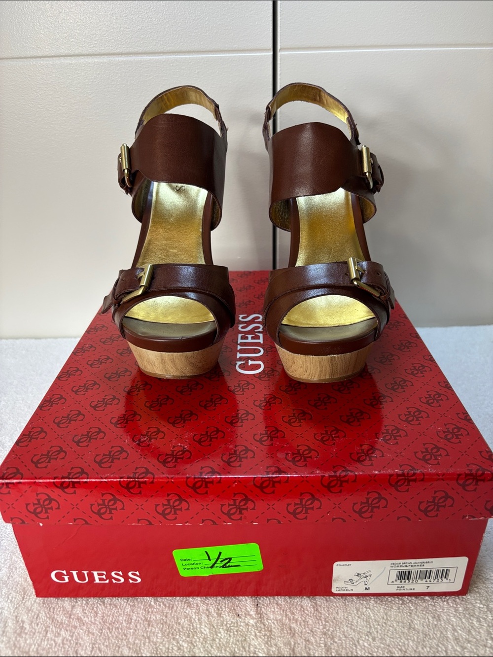 Guess Brown Leather Platform Sandals with Gold Accents